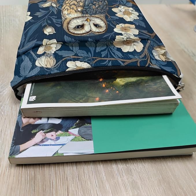 Vintage Flower Owl William Morris Book Sleeve for Book Lovers, Bookish Book Protector with Zipper, Washable Fabric Book Cover for Paperbacks & Hardcovers,11.4 x 9.1Inches (Blue-Owl, Medium)