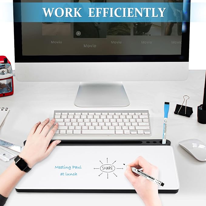 DOLLAR BOSS Glass Desk Whiteboard Small Dry Erase Board Desktop White Board with Storage Drawer Computer Keyboard Stand Desk Organizer School Supplies Office Accessories with 4 Markers 1 Eraser, White