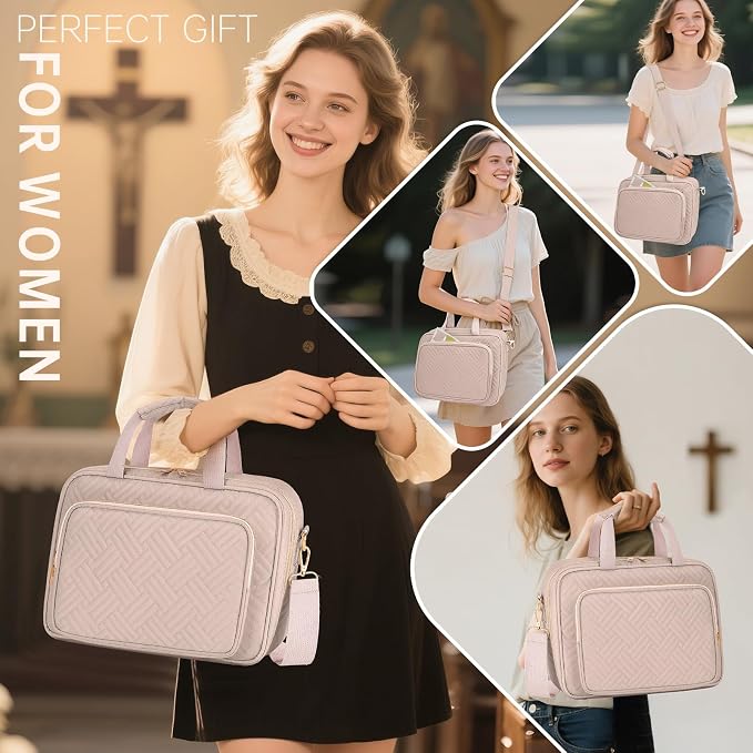 Bible Cover Case for Women Bible Study Supplies Christian Gifts for Women Church Camp Essentials Christian Bible Journaling Kit Quilted Large Bible Cover with Durable Handle (Pink, Large)