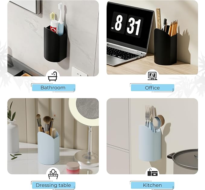 UMUST Silicone Pencil Holder, Self Adhesive Pencil Organizer for Desktop, No Drill Wall-Mounted Electric Toothbrush Holder, 3-Slot Multi-Functional Holder Accessories for Home, Office, School (Blue)