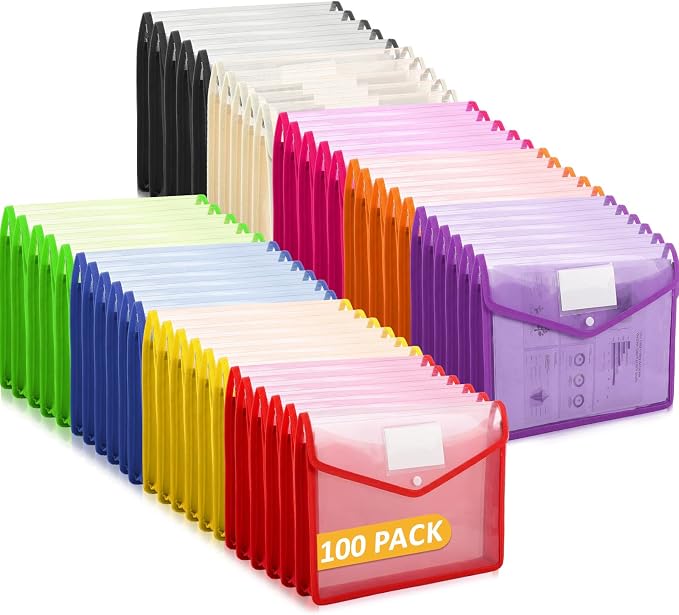Handepo 100 Pcs Plastic Expanding File Folder Bulk - Transparent Large-Capacity Portable Documents Envelopes with Snap Closure for Office, Business, School - No Dividers (A4 Size,Multiple Colors)
