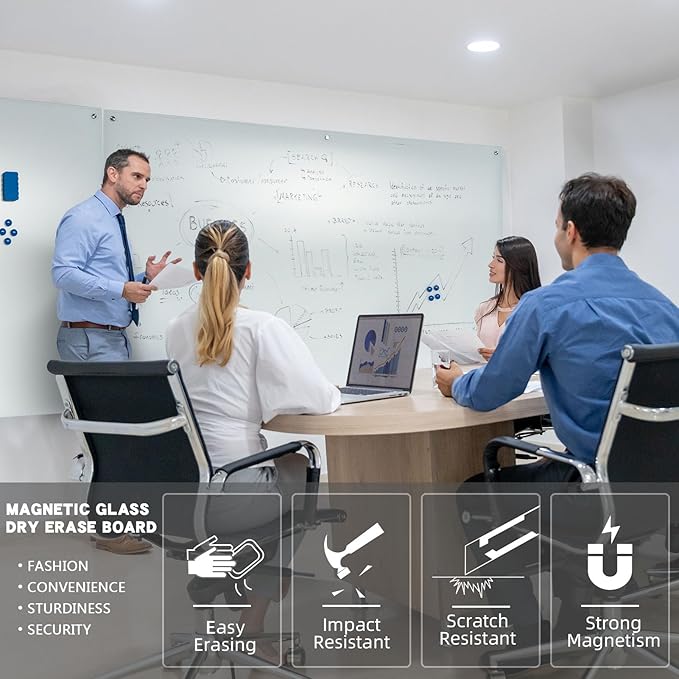 Frosted Magnetic White Board – 72 x 48 Inches Dry Erase Glass Whiteboard for Wall, Large Wall Mounted Glass Board for Display, School and Business Office