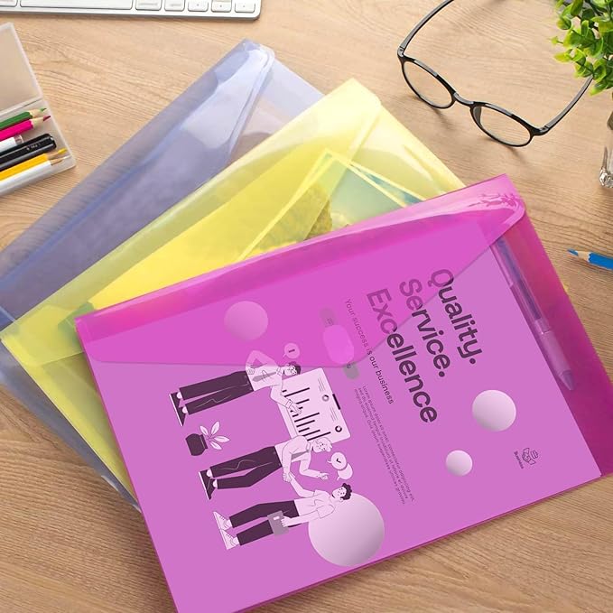 Sooez 12 Pack Plastic Envelopes File Folders, Plastic Folders with Pockets, Colored Folder for Documents Organizer Letter/A4 Size, Clear Filing Folders for Office School Paper Storage, 6 Colors