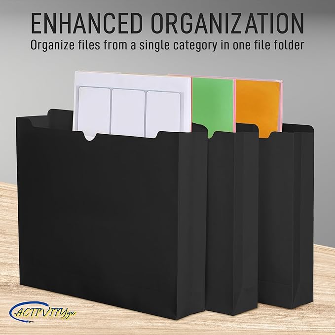 Black File Jackets, 2 Inch Expansion, Letter Size, Reinforced Straight-Cut Tab, 6 Pack
