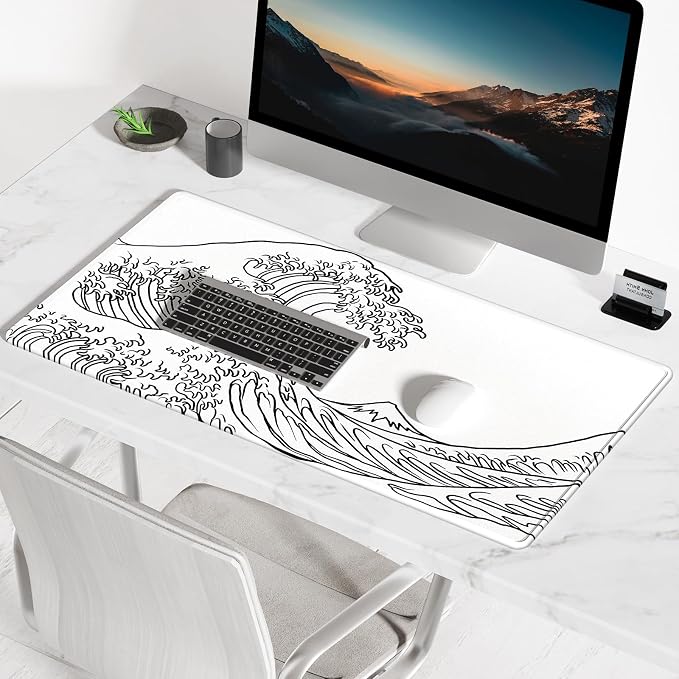 BOSOBO Large Mouse Pad, Desk Pad, XXL XL Extended Gaming Mouse Pad, Desk Mat for Office & Home, Long Keyboard Huge Mat,Desktop Full Cover 31.5 x 11.8 Inches, Art Kanagawa Surfing White