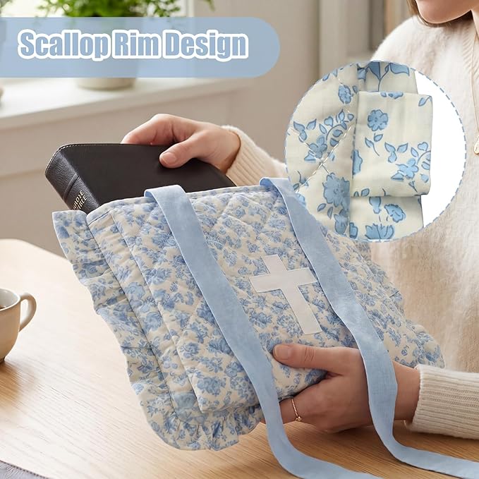 Honoson Quilted Bow Bible Sleeve Cover Case Padded Protector Washable Bible Bag Pouch Christian Gift for Women Girls Book Lover Gifts(Blue Floral Cross)