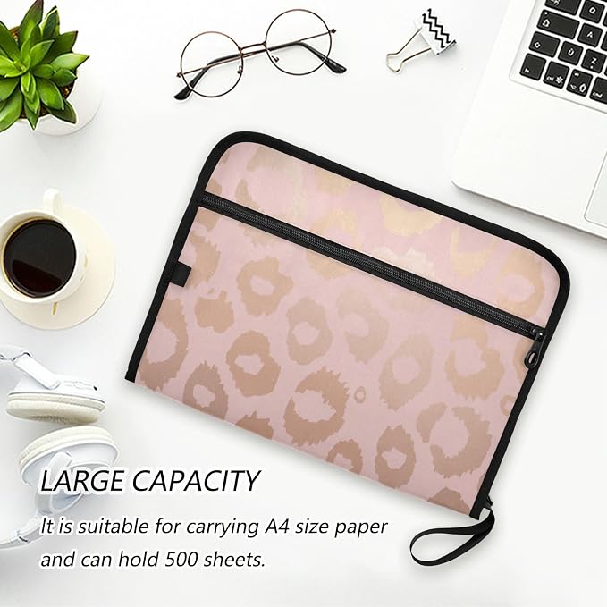 Metallic Rose Gold Animal Print Pattern Expanding File Folder with Sticky Labels, 13 Pockets Accordion File Folder Document Organizer Expandable Zip File Folder with Zipper Closure