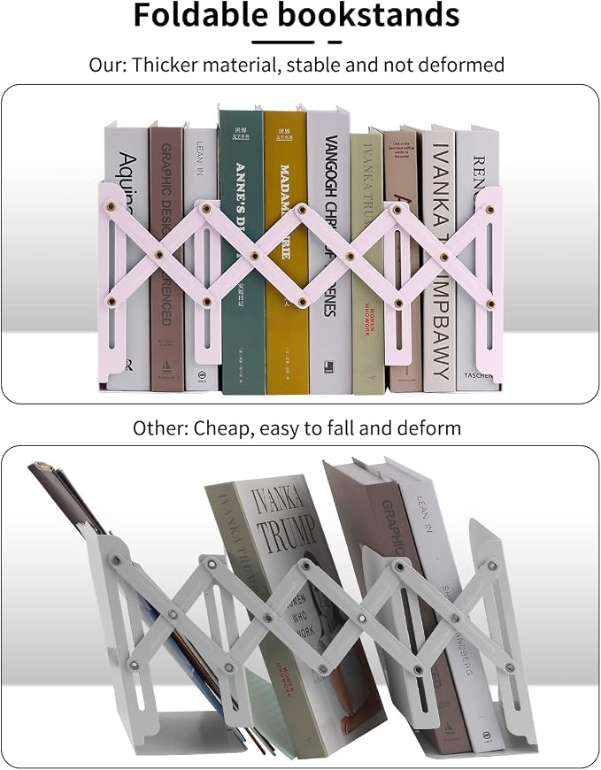MSDADA Adjustable Bookends, Book Ends for Heavy Books, Expandable Book Organizer for Desk, Shelf, Office, School, for 6 7 8 9 10 11-15 Boys and Girls, Extends up to 19 inches (Macaron Pink)