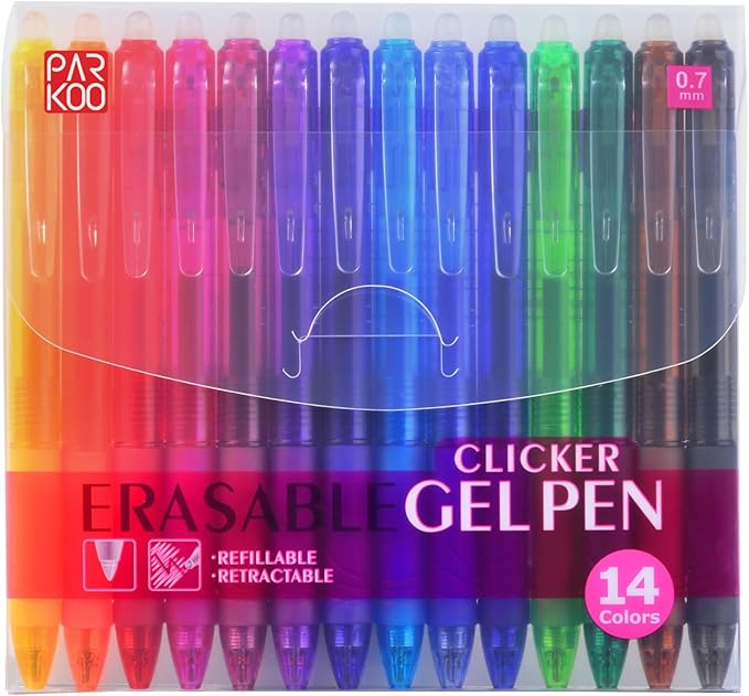 ParKoo Retractable Erasable Gel Pens Clicker 14 Colors, Fine Point 0.7mm, Make Mistakes Disappear, Comfort Grip for Writing Drawing Note-Taking Planners