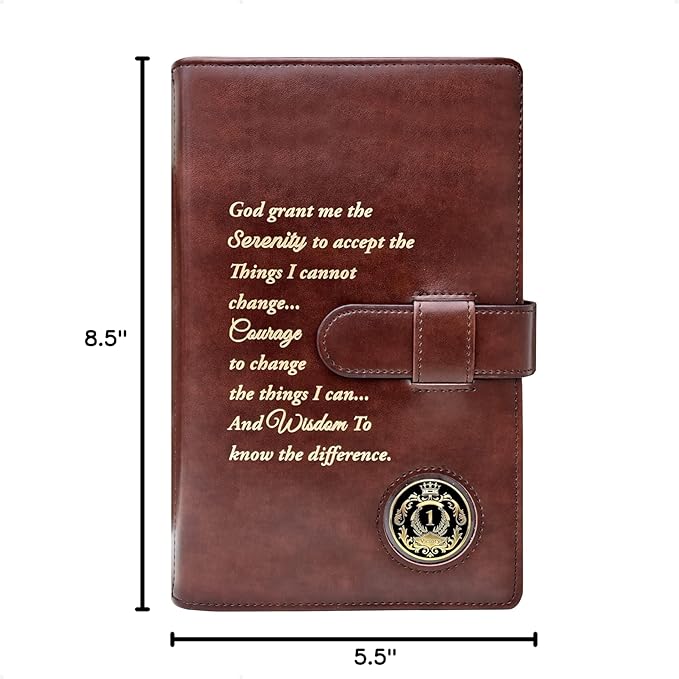 GALILEO® Double AA Big Book Cover & 12 Steps & 12 Traditions | AA Gift | Alcoholics Anonymous | PU Leather | Coin Holder | AA Book Covers for Hardcover (Serenity Prayer/Coin Pocket/Brown)