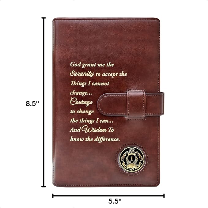 GALILEO® Double AA Big Book Cover & 12 Steps & 12 Traditions | AA Gift | Alcoholics Anonymous | PU Leather | Coin Holder | AA Book Covers for Hardcover (Serenity Prayer/Coin Pocket/Brown)
