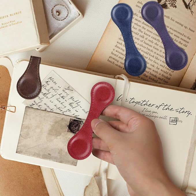 JIXZEN Magnetic Leather Bookmark for Reading Women, 4 PCS Timeless Leather Magnetic Book Marks for Women Book Lovers, Reading Men, Kids, Teachers with Elegant Gift Box (Coffee, Red, Blue, Purple)