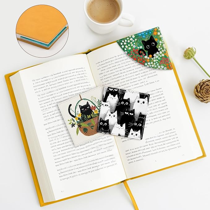 Icycay Cute Black Cat Corner Bookmarks, Funny Leather Book Accessories for Book Lovers, 3 Pcs Reading Book Page Markers for Women Men Student Teacher Girls Boys Kids Retirement Birthday Gifts