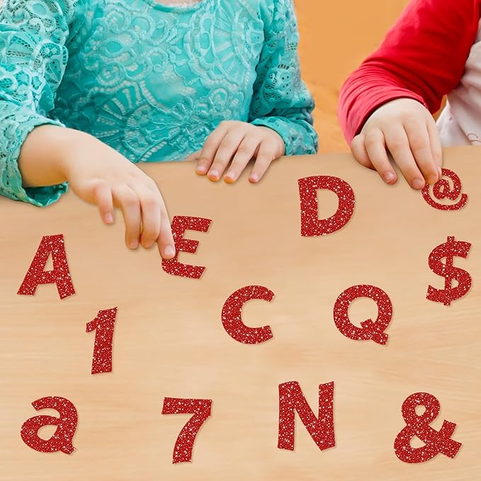 Colarr 216 Pcs Red Glitter Bulletin Board Letters for Classroom Number Alphabet Punctuation Symbol Cutout 4'' Die-Cut Poster Letter with Adhesive Dot School Graduation Party Wedding Patriotic Decor