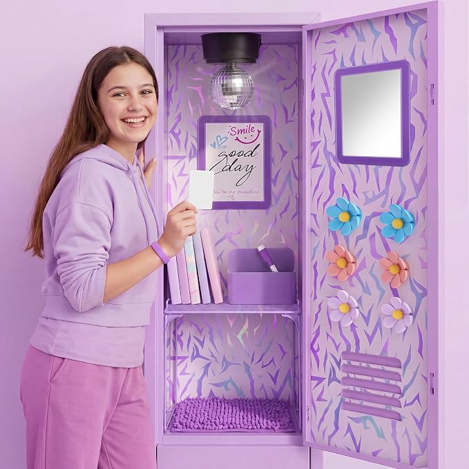 Pinkunn 17 Pcs Kpop Locker Accessories Include Kpop Locker Organizer Shelf Purple Rug Disco Ball Magnetic Mirror Whiteboard Pen Holder Flower Magnets Marker for Back to School Essentials