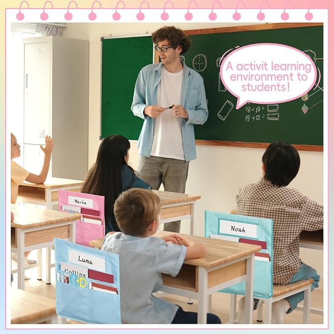 gisgfim 12 Pcs Chair Pockets for Classroom 16.7 x 19.3 Inch s with Name Tag Chairback 3 Pockets Chairs Seat Back Organizer for Elementary School Daycare Home Supply (Pastel)