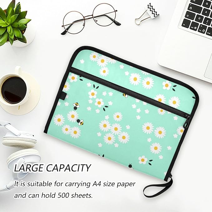 Cartoon Bees Daisy Flower 13 Pockets Expanding File Folder with Sticky Labels Accordion File Folder Document Organizer Letter Size A4 Papers Expandable File Keeper