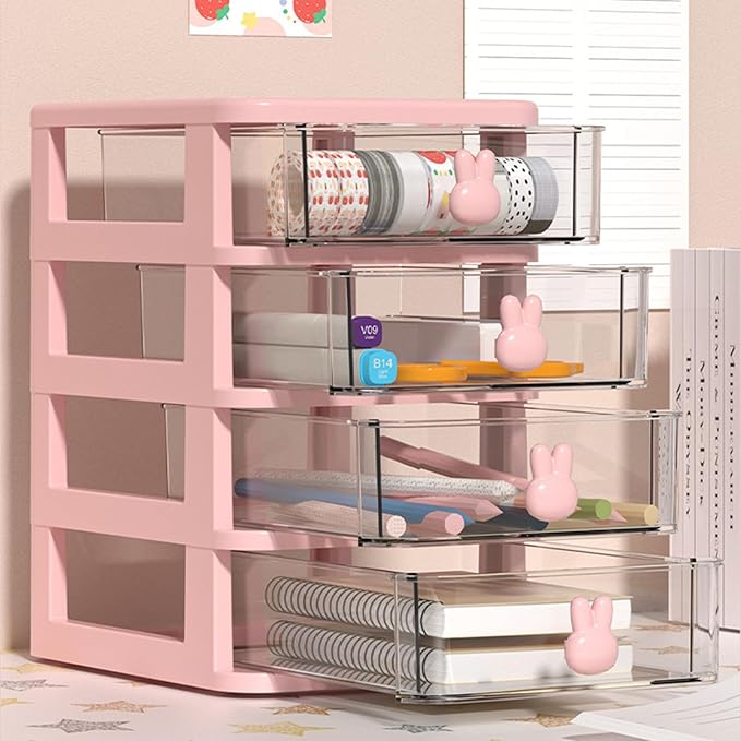 Plastic Desktop Storage Box Drawers, Stackable Desk Organizer with Bunny Handle Desktop Drawers Multi Tier for Office School(Clear) (White)