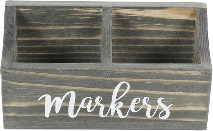 MyGift Magnetic Mount Vintage Gray Solid Wood Dry Erase Marker and Eraser Holder with 2 Compartments, Desktop Office Supplies Storage Organizer Bin with White Cursive Marker Lettering