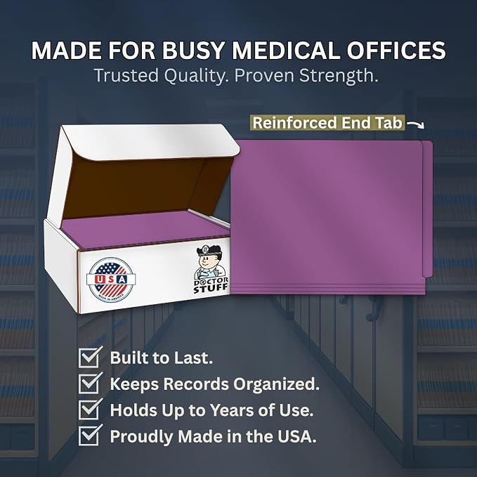 Purple File Folders, Doctor Stuff, Letter Size Reinforced End Tab Folder with 2" Bonded Fastener on Inside Front and Back, 14 pt Stock, Carton of 250