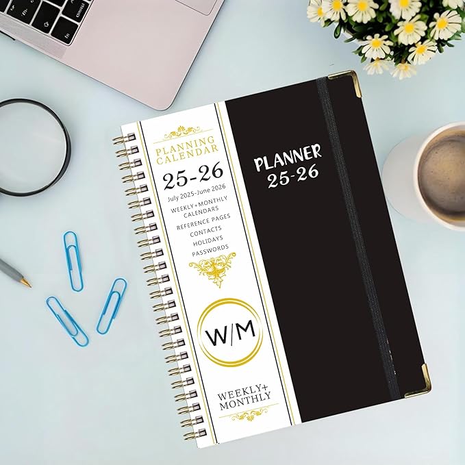 Daily Planner 2025-2026, Monthly and Weekly Calendar Planner with Tabs, July 2025 - Jun 2026, Inner Pocket, 6.2" x 8.5" A5 Size, Perfect for Office Home School Supplies, Spiral Bound, Black 