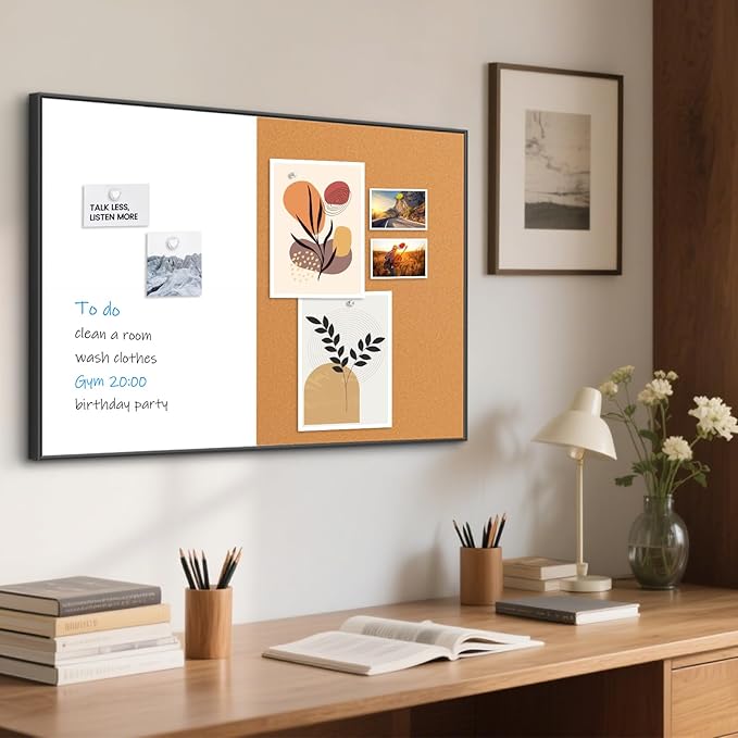 White Board Cork Board Combo, 30" x 20" Magnetic Dry Erase Whiteboard & Corkboard for Wall, Vision Board for Home Office School, Black Aluminum Frame