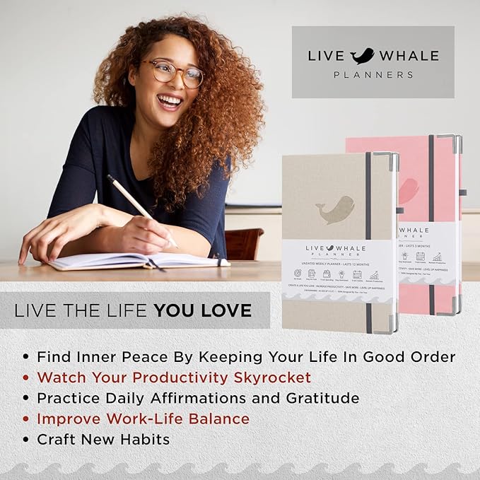 Closeout Edition Live Whale - 90 Day Organizer Mindfulness Journal for Busy People - Pink Personal Scheduler for Goal Setting | Focus with Notes & Journaling | Goal Setter Journal (Pink/Grey)