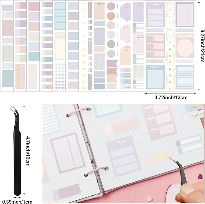 24 Sheets Pastel Functional Planner Stickers with Elbow Tweezer Mixed Metallic Functional and Elegant Stickers for Planners Notebooks Budgeting(Lovely Color)