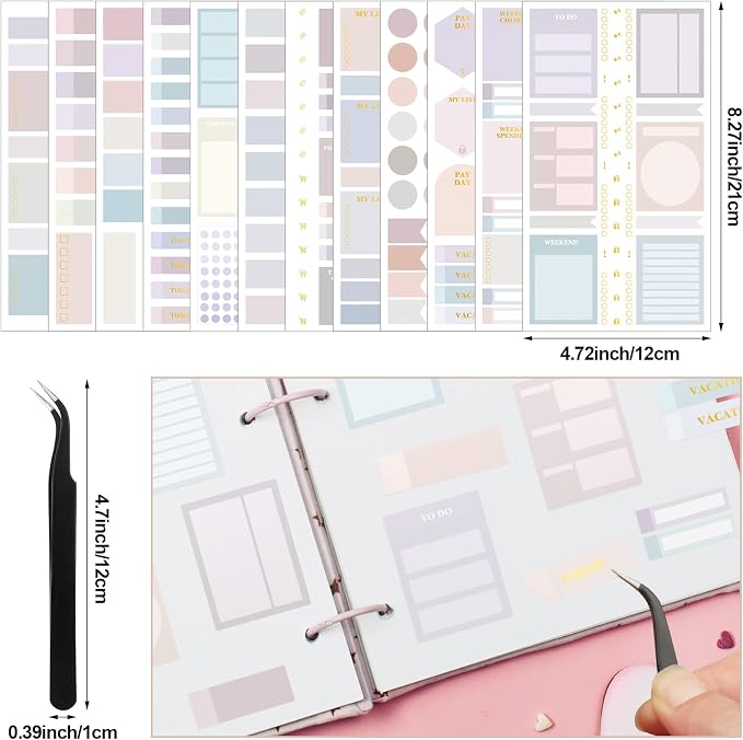 24 Sheets Pastel Functional Planner Stickers with Elbow Tweezer Mixed Metallic Functional and Elegant Stickers for Planners Notebooks Budgeting(Lovely Color)