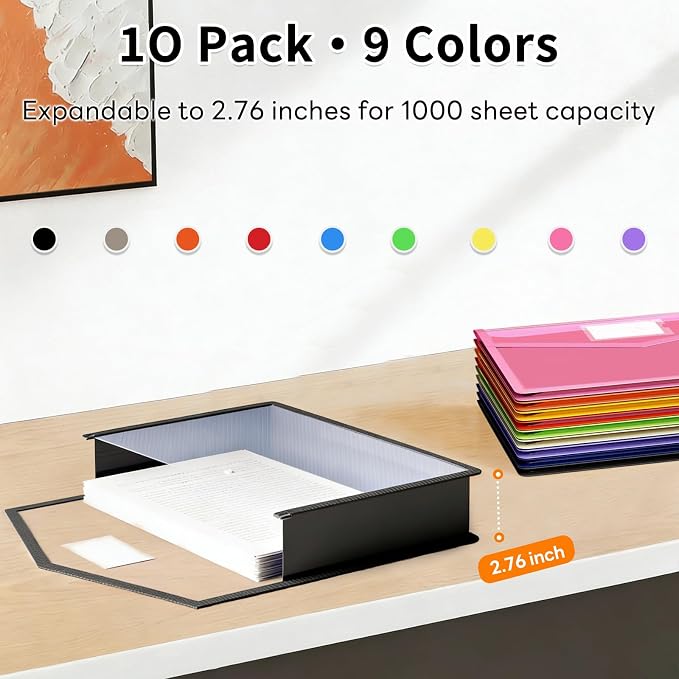 10 Pack Plastic Expanding File Folder, Transparent Folders for Documents with Snap Closure, Large Capacity, No Dividers, Fit Letter/A4 Size, 9 Colors for Tax, Office & Home School Organizer