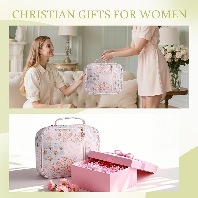 Bible Cover Case for Women Large Quilted Bible Carrying Bag with Handles Bible Study Supplies & Accessories Christian Gifts for Women(Spliced Flower, M)
