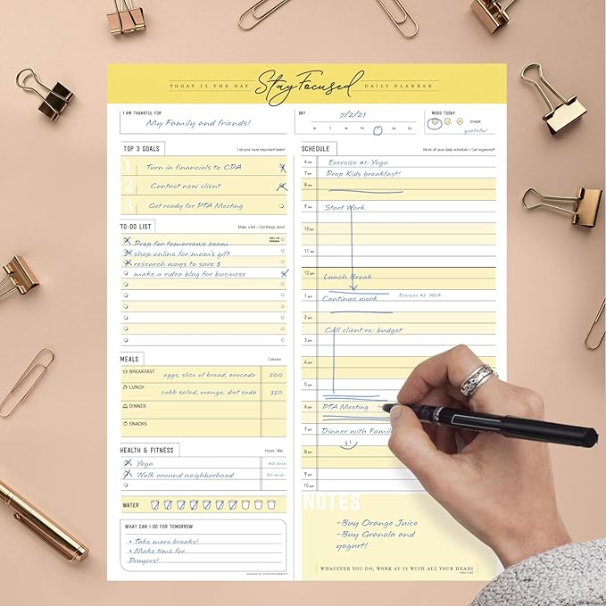 Daily Notepad Planner To Do Schedule - Stay Focused 50 Tear off Premium Made USA (Yellow Mango)