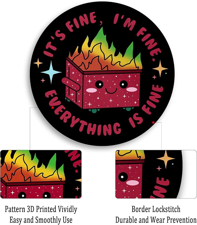 Gctriki Dumpster on Fire Mouse Pad, Cute Round Mouse Pads for Desk, Funny Red Dumpster Mousepad for Laptop Gaming, Stitched Edge Non-Slip Rubber Base, Cute Office Desk Accessories Decor for Women