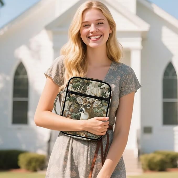 Suobstales Deer Hunting Camo Print Bible Covers for Women Men Lightweight Bible Bag Bible Accessories with Handle and Zippered Pocket Bible Tote Bag for Kids