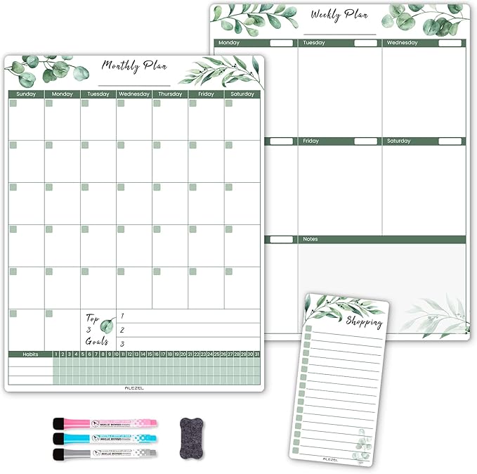 ALEZEL Magnetic Calendar for Refrigerator, Greenery Dry Erase Fridge Calendar Set (3 Boards) - Monthly & Weekly Planner Whiteboard, Shopping List White Board, 3 Markers + Eraser