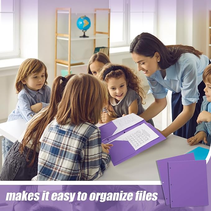 Yeaqee 50 Pcs Plastic Folders with Pockets Bulk 3 Hole Punched 2 Pocket File Folders for 3 Ring Binder Divider Folder for Notebooks, Durable Poly for Office Home (Purple)