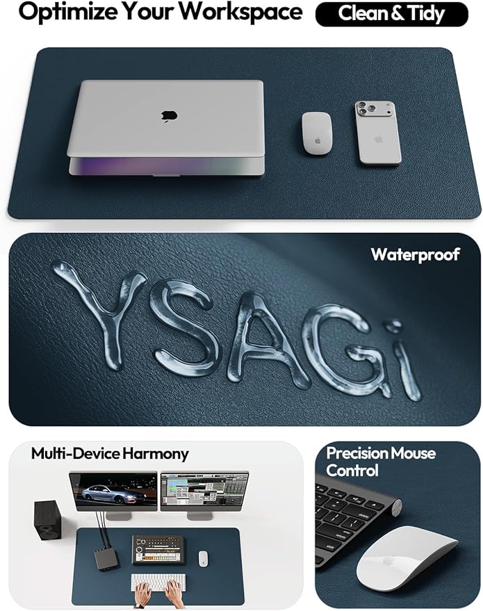 YSAGi Leather Desk Protector, Office Mat, Large Mouse Mat, Non-Slip PU Leather Blotter, Laptop Desk Mat, Waterproof Writing Pad for Office and Home(Dark Blue, 40" x 24")