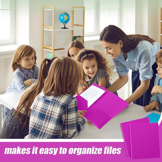 Gueevin 100 Pack Plastic Folder with Pockets, 2 Pocket Folders, Plastic Glossy Folders Fit Letter Size Paper, Heavy Duty Durable File Folder with Business Card for Home Office School (Neon Purple)