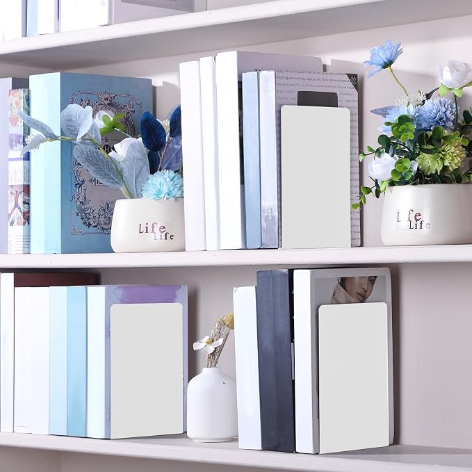 Beeveer 6 Pairs Metal Bookends Book Stopper for Shelves Office Book Holder Library Bookend for Heavy Books Desk Home Bookshelf School (White)