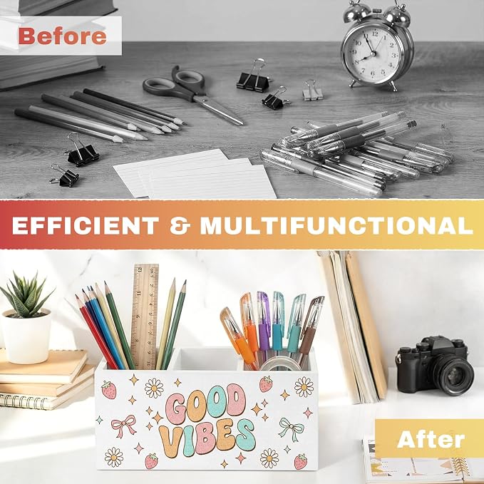 Retro Daisy Pen Pencil Holder for Office Desk Good Vibes Office Decor Gift Wooden Inspirational Organizer Desktop Decor for Girls Cute Makeup Brush Toothbrush Holder for Bathroom Desk Accessories