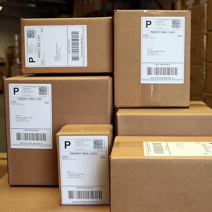 Buhbo 4" x 6" Direct Thermal Labels - Perforated BPA Free - Compatible with Zebra & Rollo Printer - Commercial Grade Shipping (2000 Fanfold Labels - 2 Stacks of 1000)