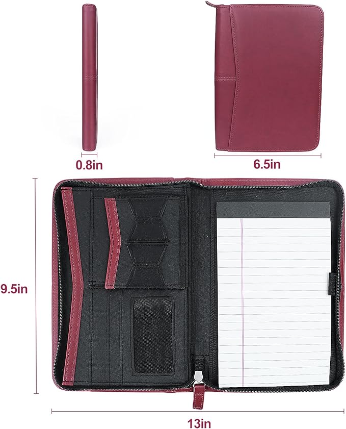 Godery Mini Leather Zippered Padfolio Portfolio Binder 5 x 8 Legal Writing Pad, Professional Business Portfolio for Men & Women, Card Holder, Notepad Clipboard Holder, Red