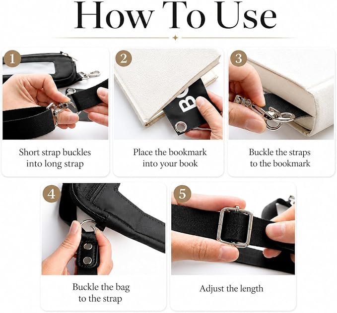 Detachable Strap Bookmark for Reading Women, Turns Any Book into A Bag, Reading Accessories Gifts for Book Lovers, Fits 8" Books, Black