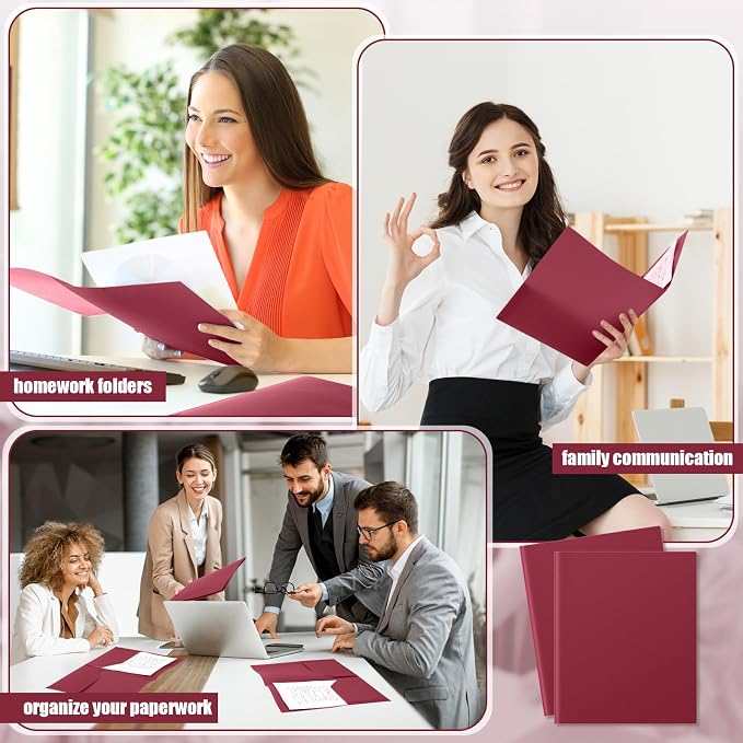 Gueevin 100 Pack Plastic Folder with Pockets, 2 Pocket Folders, Plastic Glossy Folders Fit Letter Size Paper, Heavy Duty Durable File Folder with Business Card for Home Office School (Dark Red)