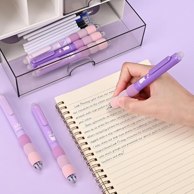 Temiary 18Pcs Aesthetic Retractable Erasable Gel Pens, Make Mistakes Disappear, 8 Pens & 10 Refills, Cartoon Smooth Writing Pen, 0.5 mm Black & Blue Ink Pen, Office School Supplies. (Purple Theme