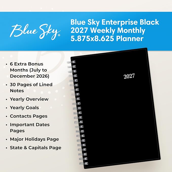 Blue Sky 2027 Weekly and Monthly Planner Calendar Notes, Includes January 2027 - December 2027, 5.875" x 8.625", Flexible Cover, Wirebound, 30 Extra Notes Sheets, Laminated Tabs, Enterprise