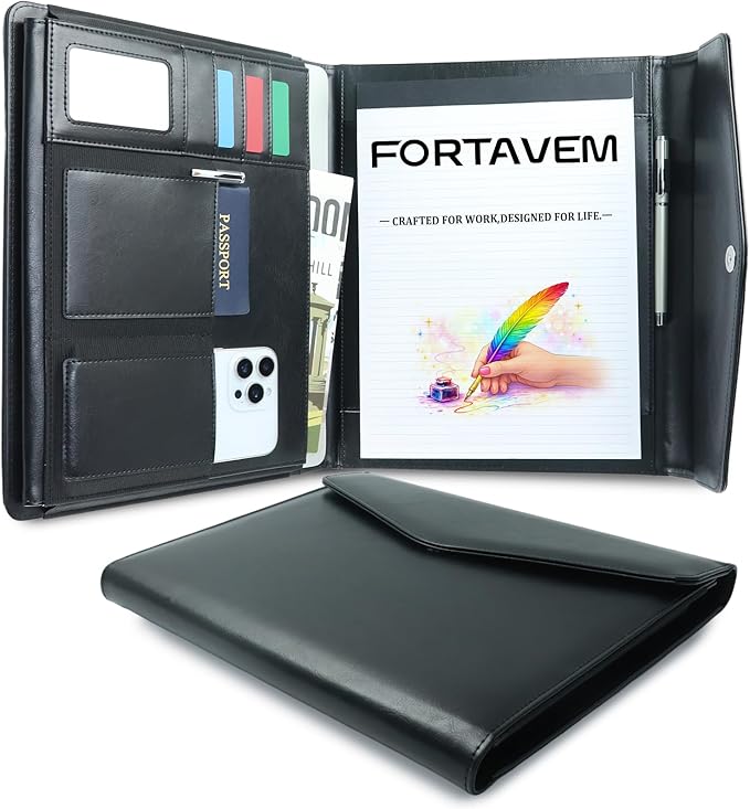 Professional Trifold Padfolio with Magnetic Closure – A4 Letter Portfolio Organizer for Business Meetings, Interviews & Presentations, Document Folder with Notepad Holder Black