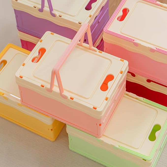 Tobeso-Nuoze Pastel Plastic Storage Bin with Lid Small Cute Foldable Pastel Crates Plastic Basket Colorful Storage Containers Baskets for Classroom Kitchen Office Bedroom Desktop Home Decor (Blue)