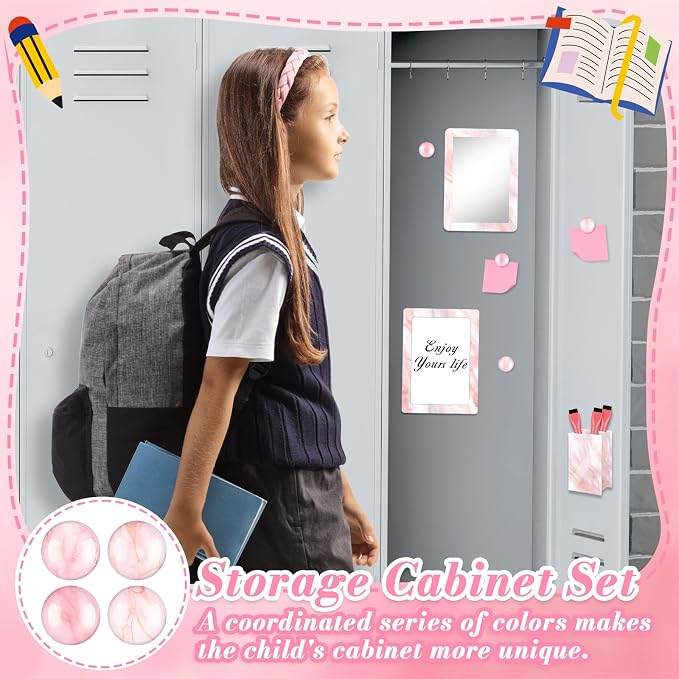 Denylo pro Magnetic Locker Marble Accessories Kit Pink Back to School Essentials Locker Organizer Supplies Include Mirror Whiteboard Pen with Holder Magnet Magnetic Buckle Back to School Essentials
