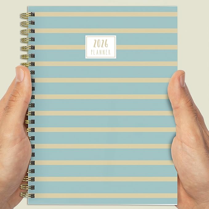 TF Publishing 2026 Blue and Gold Lines Medium Weekly Monthly Planner with 12-Month Calendar Grid and Task Tracker - Vertical Weekly Schedule Planner with Habit Tracker and Stickers - 6.5in x 8in